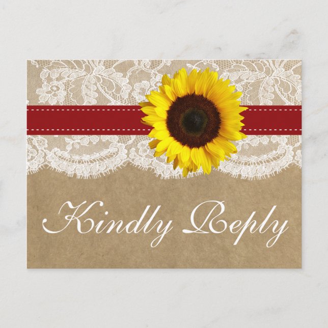 Invitation Carte Postale Collection Kraft, dentelle et tournesol - Rouge (Devant)