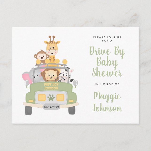 Invitation Carte Postale Conduire par Animal Safari mignon Baby shower (Devant)