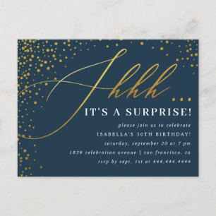 Invitation Carte Postale Confetti Marine & Gold Script Surprise Party