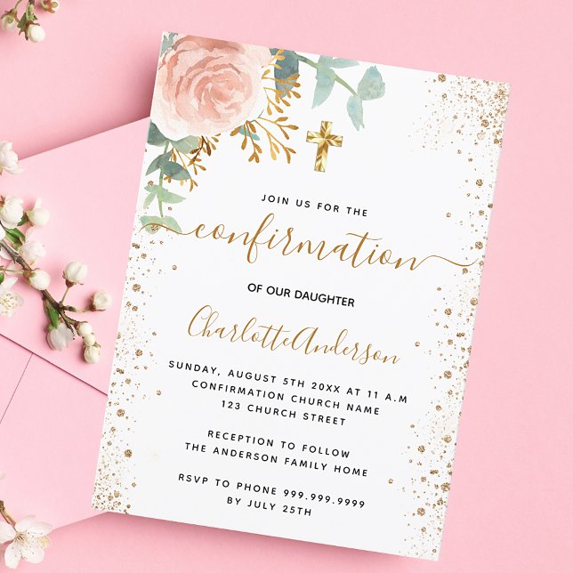 Invitation Carte Postale Confirmation eucalyptus rousse rose floral fille (Créateur téléchargé)