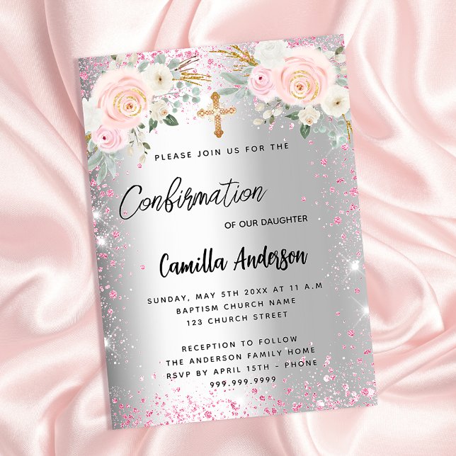 Invitation Carte Postale Confirmation florale rose argent fille pétille (Créateur téléchargé)
