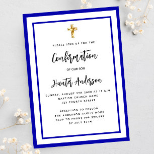 Invitation Carte Postale Confirmation garçon bleu royal blanc