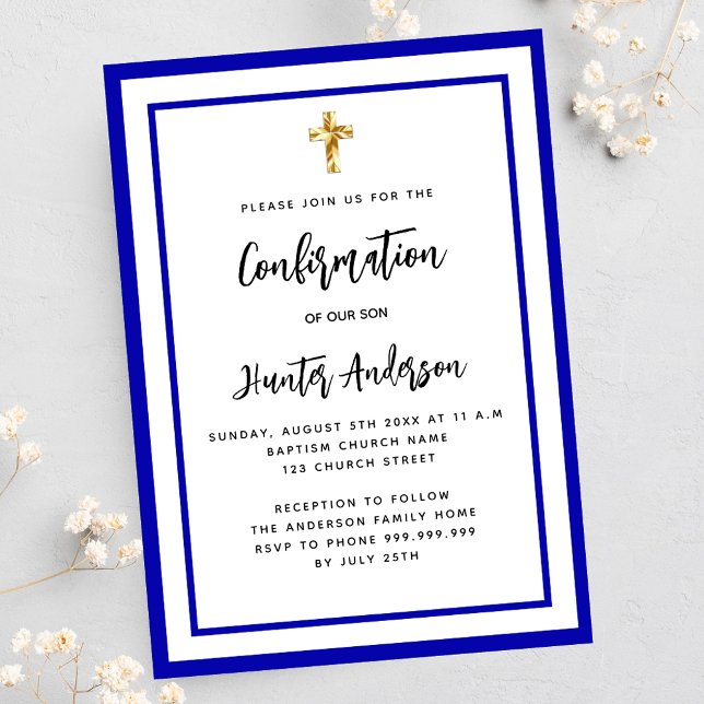 Invitation Carte Postale Confirmation garçon bleu royal blanc (Créateur téléchargé)