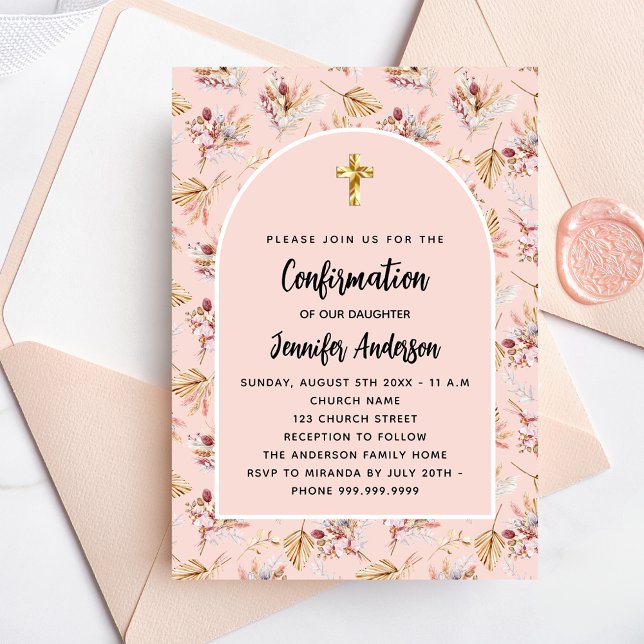 Invitation Carte Postale Confirmation pampas herbe fleurs rose or boho (Créateur téléchargé)
