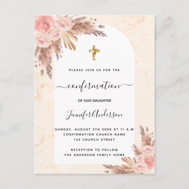 Invitation Carte Postale Confirmation pampas herbe rose or blush marbre (Devant)