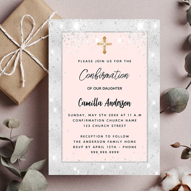 Invitation Carte Postale Confirmation rose d'argent or blush (Créateur téléchargé)