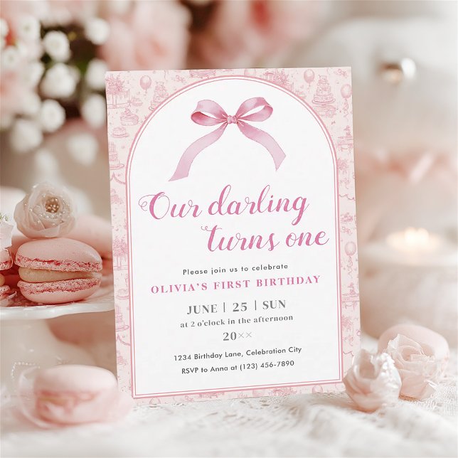 Invitation Carte Postale Coquette Toile rose Bow 1er anniversaire fille (coquette style 1st birthday invitation for baby girl)