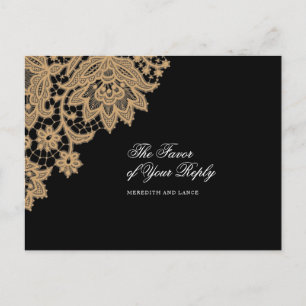 Invitation Carte Postale Corner dentelle délicat Mariage noir et or Réponse