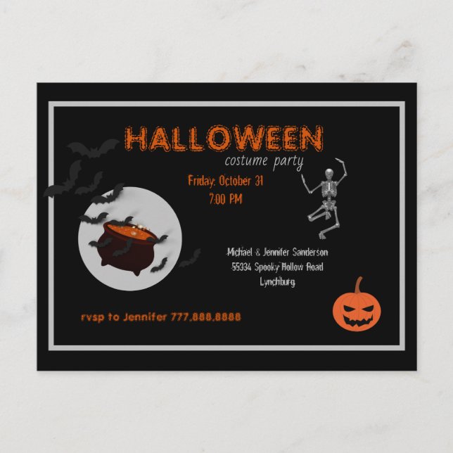 Invitation Carte Postale Costume d'Halloween Noir et orange (Devant)