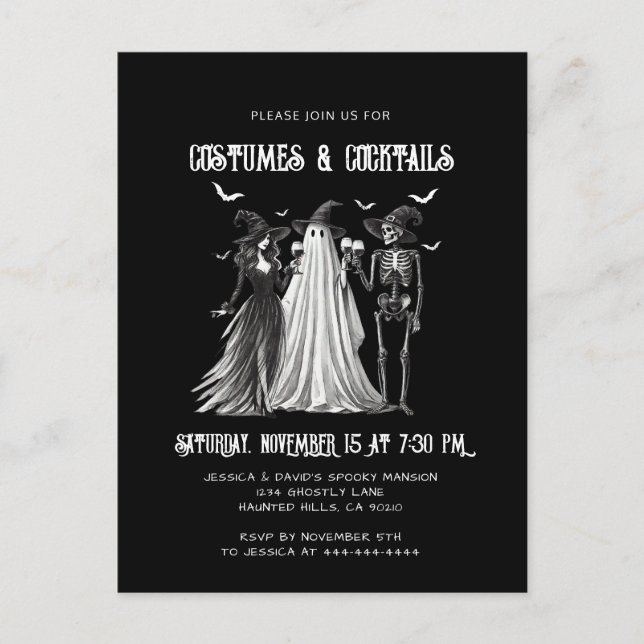Invitation Carte Postale Costumes & Cocktails Black White Halloween Party (Devant)