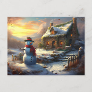 Invitation Carte Postale Cosy Christmas Cottage & Snowman   hiver vintage