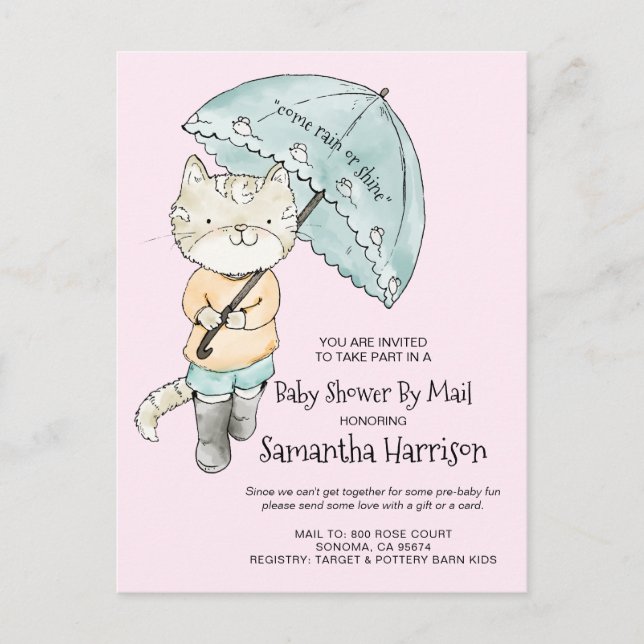 Invitation Carte Postale Couleur Aquarelle Cute Baby shower Parapluie Chat  (Devant)