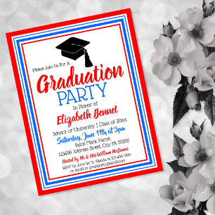 Invitation Carte Postale Couleurs de l'école rouge blanc et bleu Grad Party