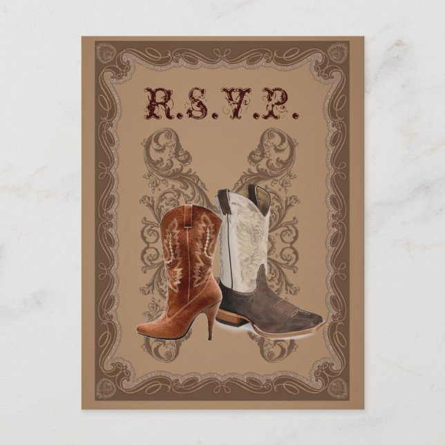 Invitation Carte Postale Country Cowboy Boots Western Wedding rsvp (Devant)