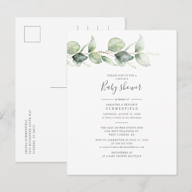 Invitation Carte Postale Couples Baby shower Eucalyptus Feuilles (Devant / Derrière)