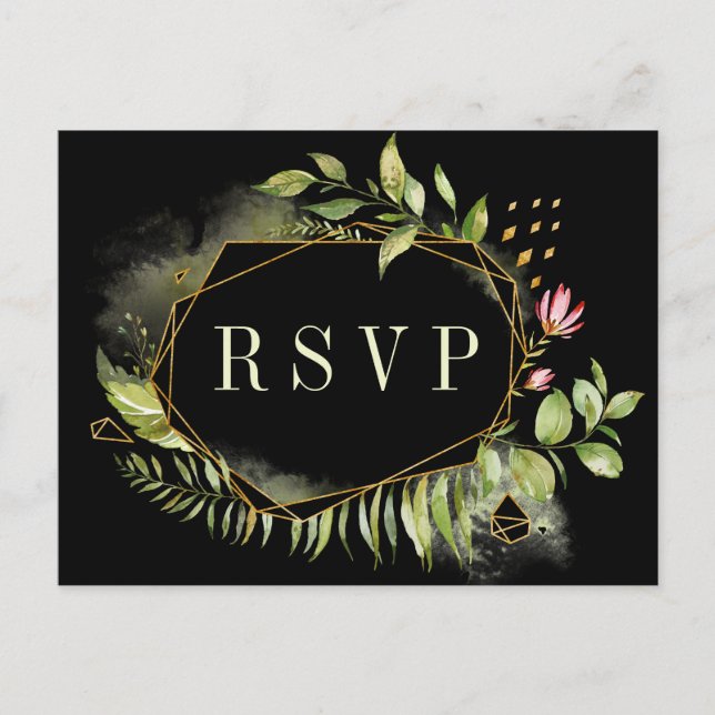 Invitation Carte Postale Couronne de fleurs géométriques noires et vertes p (Devant)