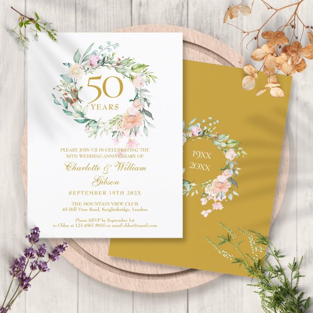 Invitation Carte Postale Couronne de roses 50e anniversaire de mariage de d (Roses Garland 50th Golden Wedding Anniversary Invitation Postcard)