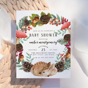 Invitation Carte Postale Couronne d'hiver & bébé cerf Baby Shower Bois