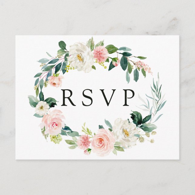 Invitation Carte Postale Couronne florale de printemps en rose pour mariage (Devant)