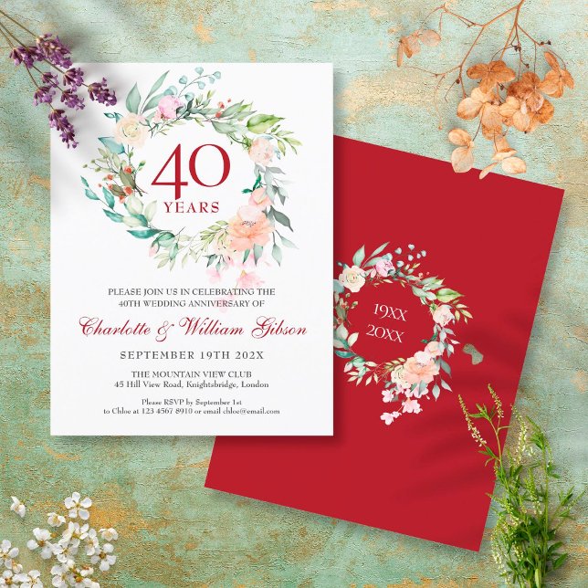 Invitation Carte Postale Couronne florale de rubis pour le 40e anniversaire (Créateur téléchargé)