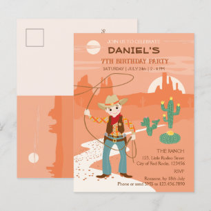 Invitation Carte Postale Cowboy avec lasso et cactus anniversaire de enfant