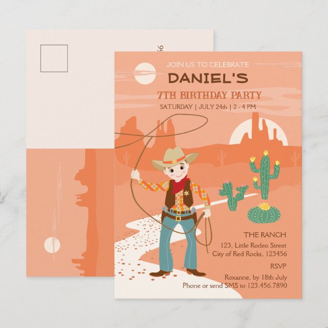Invitation Carte Postale Cowboy avec lasso et cactus anniversaire de enfant (Devant / Derrière)