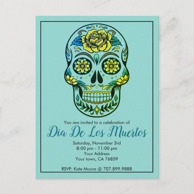 Invitation Carte Postale Crâne à sucre Dia De Los Muertos Avec Fleurs Bleu (Devant)