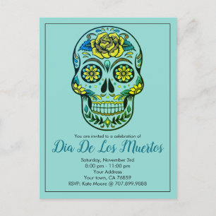 Invitation Carte Postale Crâne De Sucre Dia De Los Muertos Et Fleurs Sur Bl