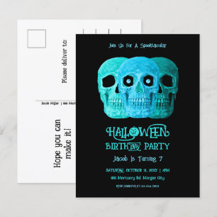 Invitation Carte Postale Crâne Funny Gothique Bleu Turquoise Halloween Anni