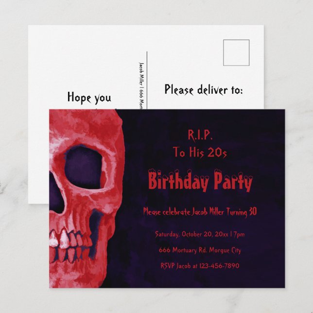 Invitation Carte Postale Crâne gothique Anniversaire Rouge Noir RIP à ses 2 (Devant / Derrière)