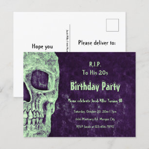 Invitation Carte Postale Crâne gothique Anniversaire violet vert RIP à ses 