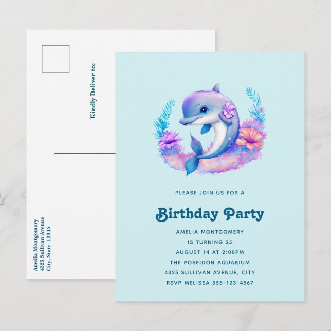 Invitation Carte Postale Créature Mer Dauphin Cute Anniversaire (Devant / Derrière)