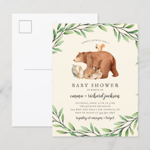 Invitation Carte Postale Crème Bois Végétation Forêt Animaux Baby shower