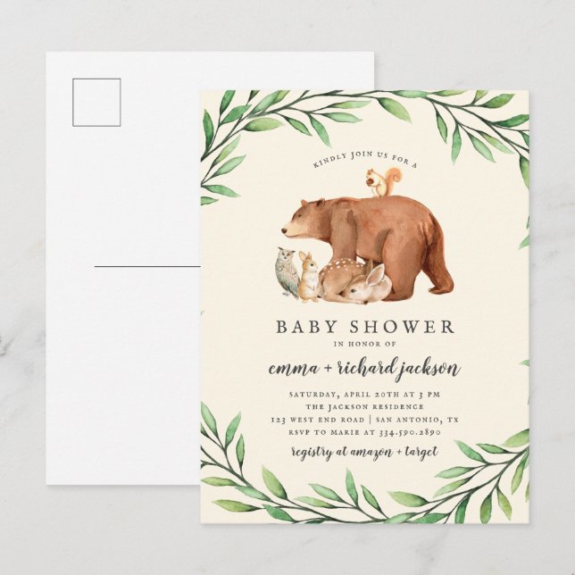 Invitation Carte Postale Crème Bois Végétation Forêt Animaux Baby shower (Devant / Derrière)