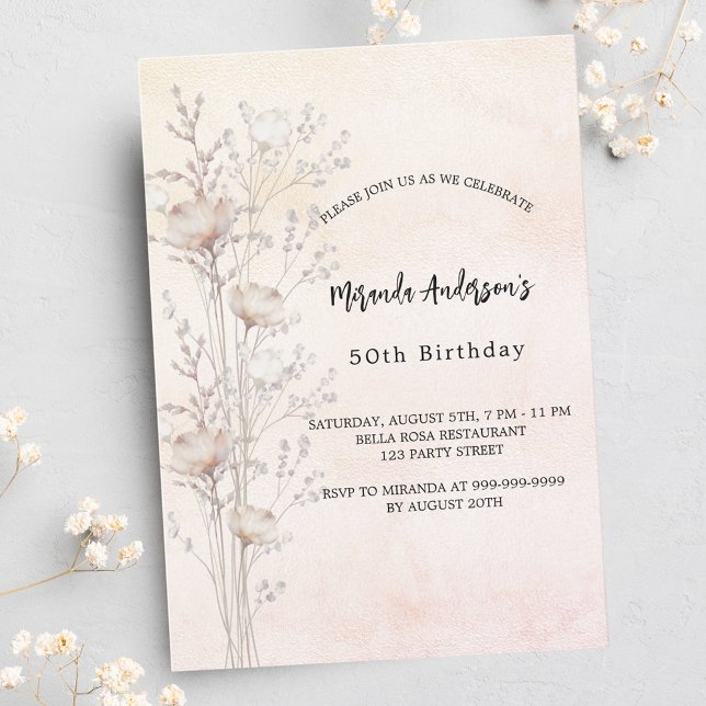 Invitation Carte Postale Crème d'anniversaire roux fleur sauvage rose (Créateur téléchargé)