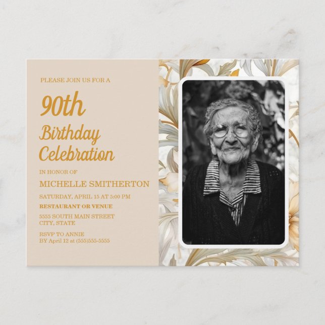 Invitation Carte Postale Crème Floral Jaune femme 90e anniversaire Phot (Devant)