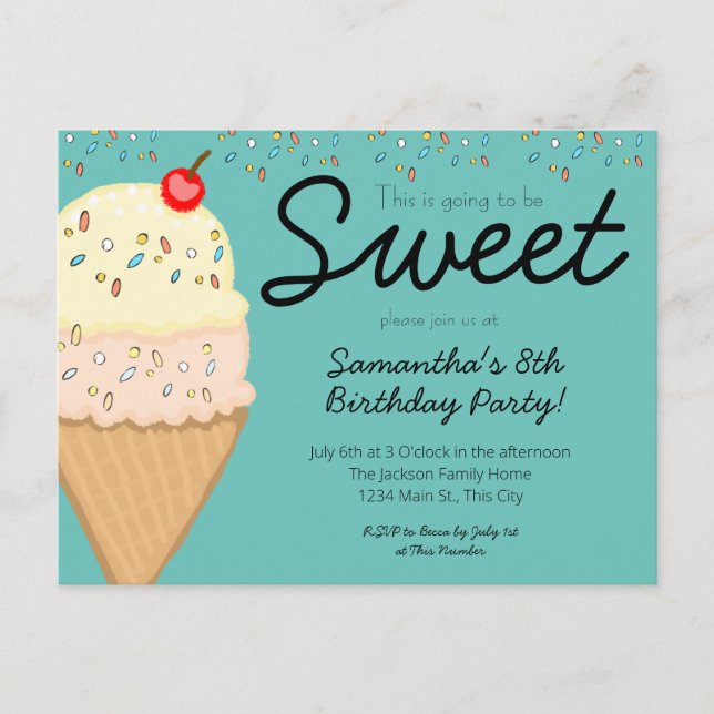 Invitation Carte Postale Crème glacée ça va être doux fête d'anniversaire (Devant)