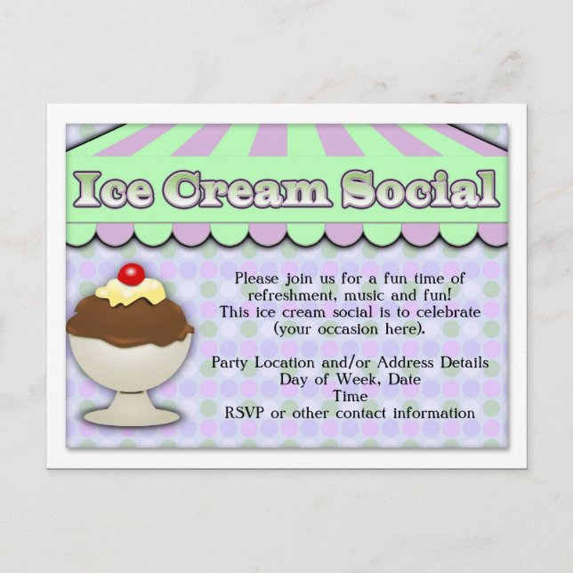 Invitation Carte Postale Crème glacée sociale, violet/vert rayure Sundae (Devant)