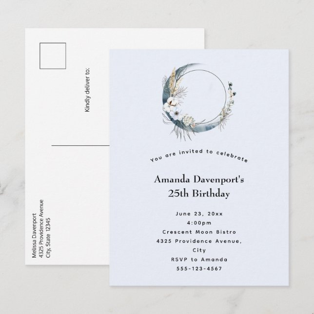 Invitation Carte Postale Crescent Bleu Lune aux fleurs blanches Anniversair (Devant / Derrière)