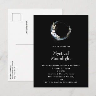 Invitation Carte Postale Crescent Bleu Lune Fleurs blanches Fête d'Hallowee