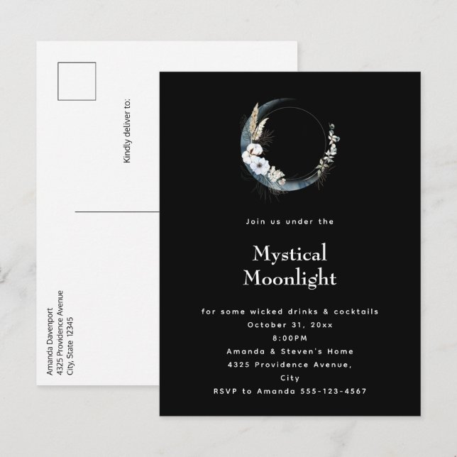 Invitation Carte Postale Crescent Bleu Lune Fleurs blanches Fête d'Hallowee (Devant / Derrière)