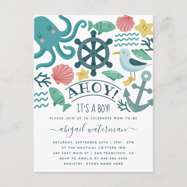 Invitation Carte Postale Critère marin nautique Ahoy! C'est un Baby shower  (Devant)