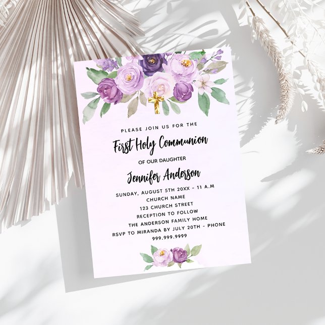 Invitation Carte Postale Croix de verdure des fleurs violettes de la premiè (Créateur téléchargé)