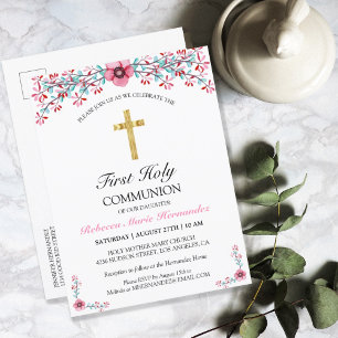 Invitation Carte Postale Croix d'or rose jolie première communion sainte