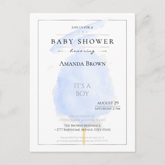 Invitation Carte Postale Cute Aquarelle Bleu Coton Bonbon Baby shower (Devant)