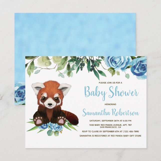 Invitation Carte Postale Cute Bear Bleu Fleurs verdure Baby shower garçon (Devant / Derrière)