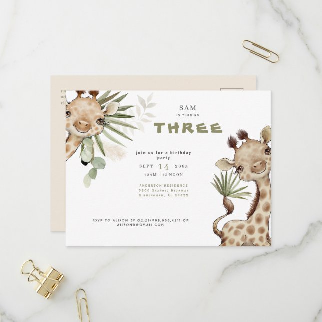 Invitation Carte Postale Cute Boho Giraffe Neutral Pampas Anniversaire (Devant/Arrière en situation)