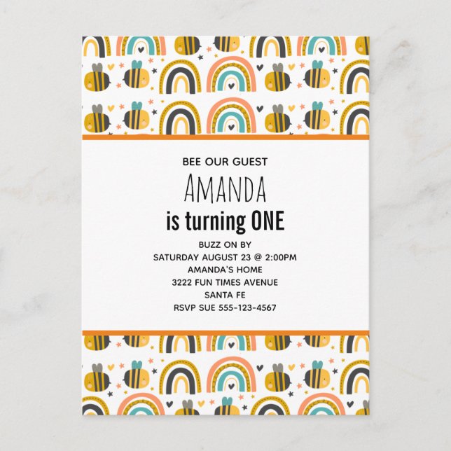 Invitation Carte Postale Cute Bumble Bee et Rainbows Motif Anniversaire Inv (Devant)