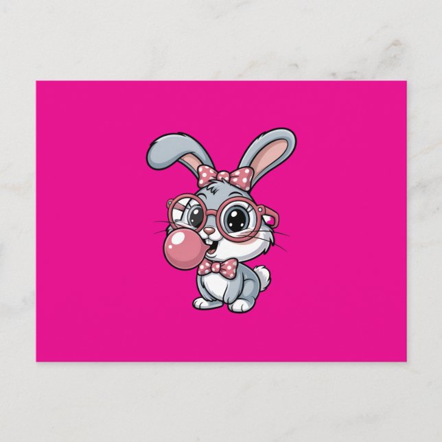 Invitation Carte Postale Cute Bunny with Glasses Blowing Bubble Gum (Devant)