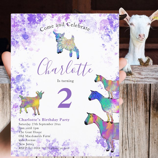 Invitation Carte Postale Cute Chèvres ferme animal 2e fête d'anniversaire (Cute goats farm animal 2nd birthday party invitation postcard colorful watercolor animal art)